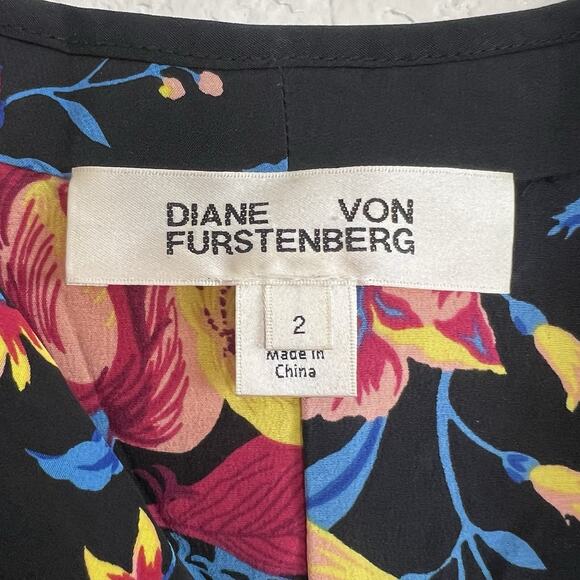 Diane Von Furstenberg Black Floral Silk Sleeveless Shark bite Dress Size 2 Aa23 - Picture 11 of 11